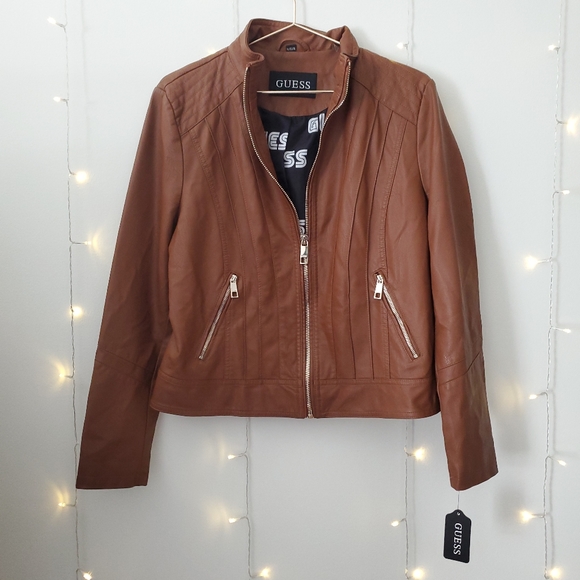 NWT Guess Women's Faux Leather Moto Jacket in Cognac Brown Size XL - Picture 4 of 9